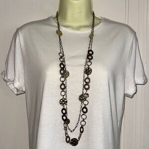 Chico’s long gold tone, bronze & silver double strand necklace